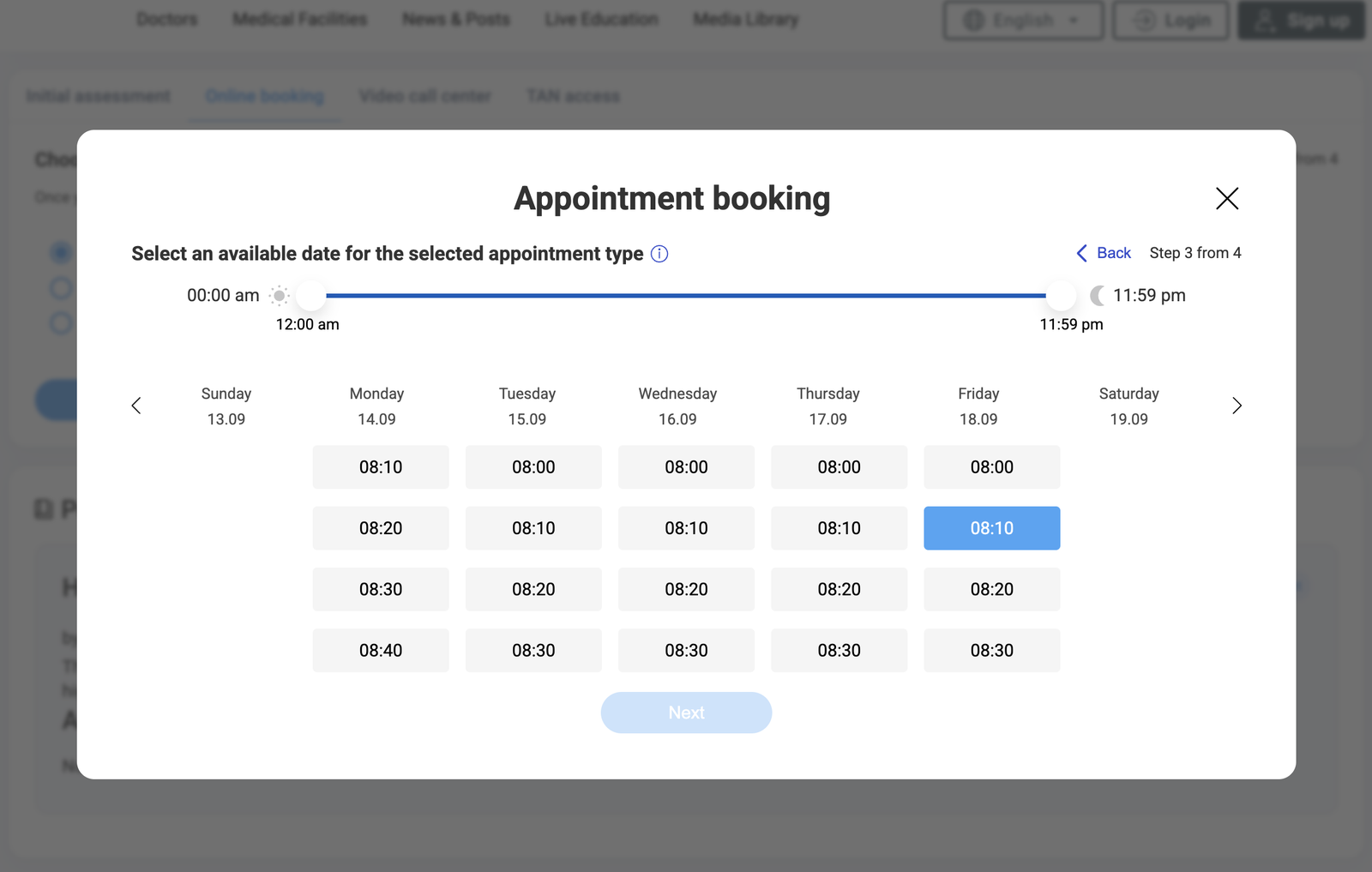 Booking an appointment in MEDITyme: choosing a free slot from the weekly grid